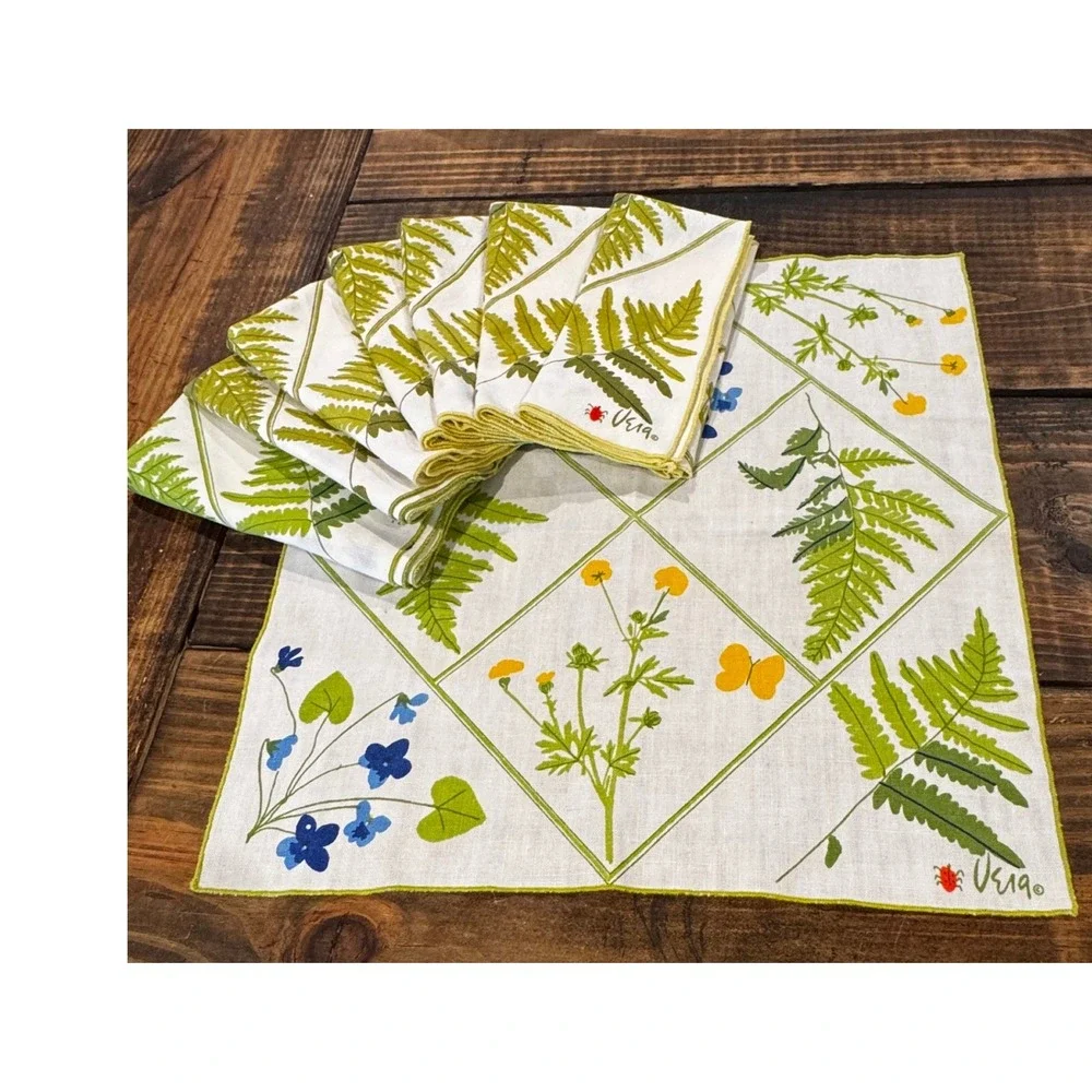 Vera Neumann Napkins Set of 8 White Green Botanical Fern Wildflower Vintage 70s